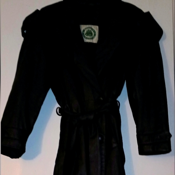 BURKS BAY BLACK LEATHER BELTED TRENCH COAT - Picture 1 of 5